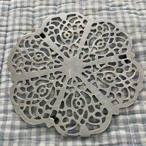 Two Mid-Century Scrollwork Hot Plate Trivets Ornate Silver Retro Filigree Floral